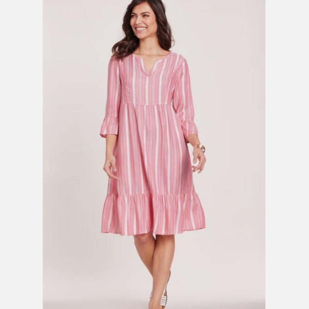 NEW Coral Striped Sz XL Tiered Knee Length Flounce Dress Side Pockets…